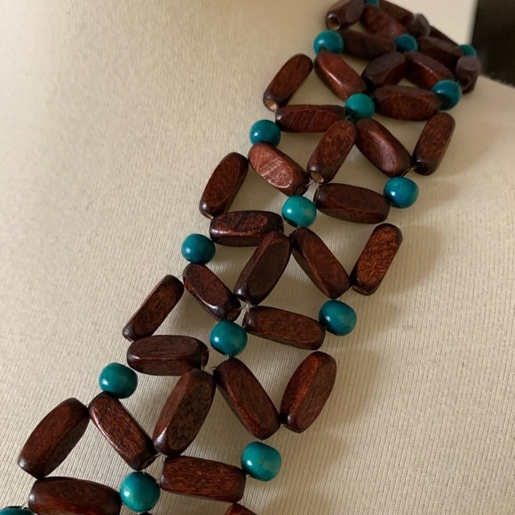 Wood Beaded Boho Bag Purse Brown Teal New - Picture 4 of 6